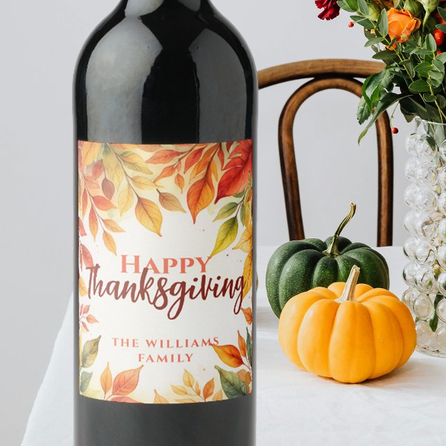 Étiquette Pour Bouteilles De Vin Elégante aquarelle chute laisse frontière Thanksgi (Créateur téléchargé)