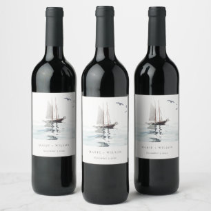 Étiquette Pour Bouteilles De Vin Elégante aquarelle Nautique voile Mariage