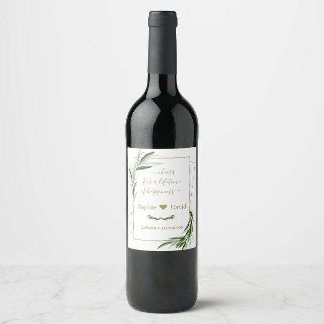 Étiquette Pour Bouteilles De Vin Elégante aquarelle Olive Greenery Mariage or (Devant)