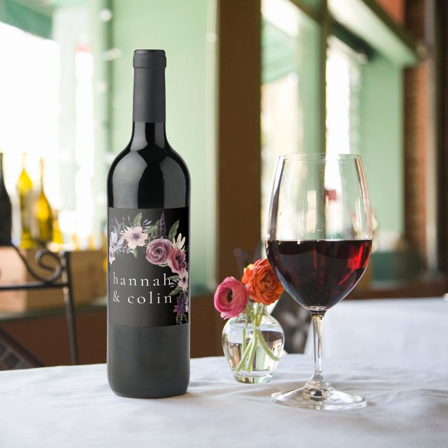 Étiquette Pour Bouteilles De Vin Elégante Cascade florale foncée Noir Bourgogne (Créateur téléchargé)