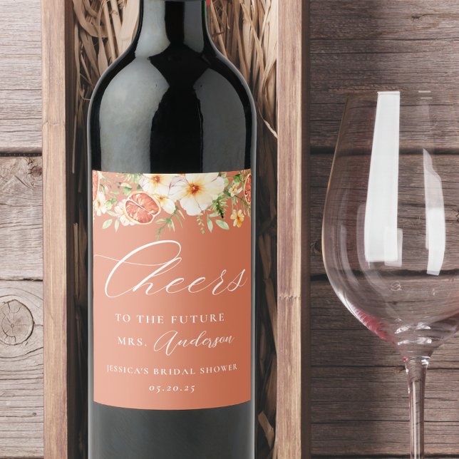 Étiquette Pour Bouteilles De Vin Élégante douche de mariée florale aux agrumes (Créateur téléchargé)