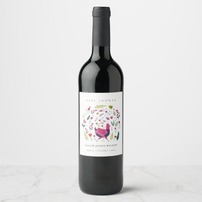 Étiquette Pour Bouteilles De Vin Élégante ferme folk brillant Baby shower floral Bi (Devant)