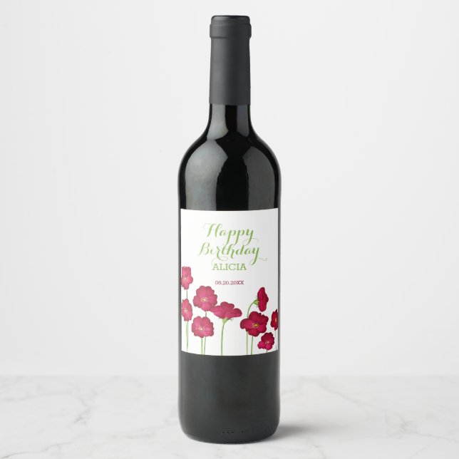 Étiquette Pour Bouteilles De Vin Élégante fête d'anniversaire du Fleur sauvage Red  (Devant)