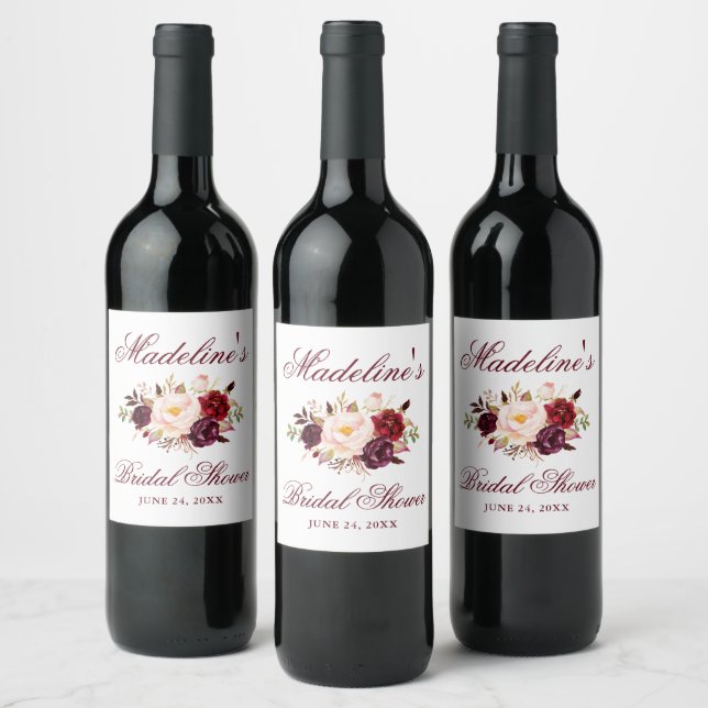 Étiquette Pour Bouteilles De Vin Elégante Fête des mariées florale bourguignonne (Bouteilles)