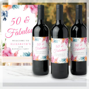 Étiquette Pour Bouteilles De Vin Élégante fête du 50e anniversaire de la florale