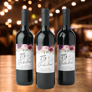 Étiquette Pour Bouteilles De Vin Élégante fête florale 75e anniversaire
