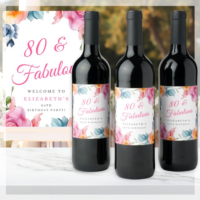 Étiquette Pour Bouteilles De Vin Elégante fête florale 80e anniversaire (Créateur téléchargé)