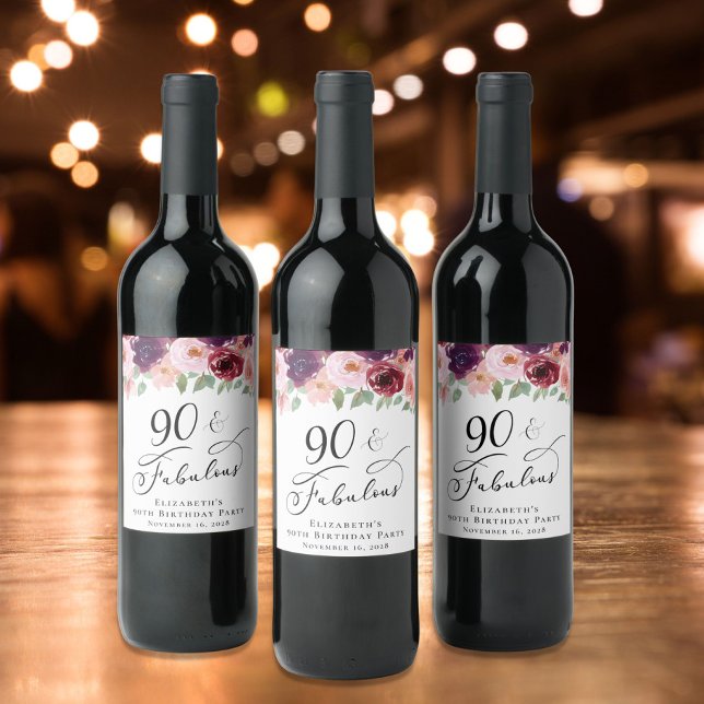 Étiquette Pour Bouteilles De Vin Elégante fête florale 90e anniversaire (Créateur téléchargé)