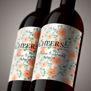 Étiquette Pour Bouteilles De Vin Élégante Florale de Pêche et de Verdure d'Eucalypt