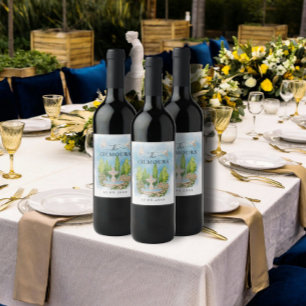 Étiquette Pour Bouteilles De Vin Elégante Fontaine   fleurs colombes Mariage Luxe