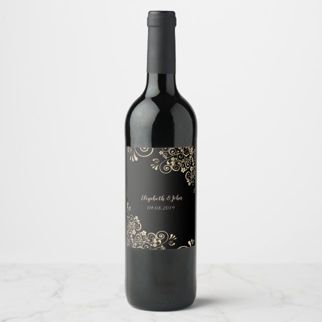 Étiquette Pour Bouteilles De Vin Élégantes Fleurs d'or Chic (Devant)