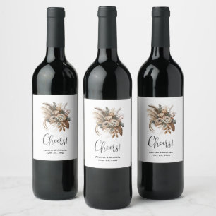 Étiquette Pour Bouteilles De Vin Élégantes Fleurs Foliage et Plumes Mariage