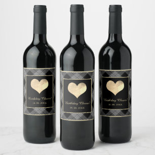 Étiquette Pour Bouteilles De Vin Élégantes rayures noir et blanc avec coeur