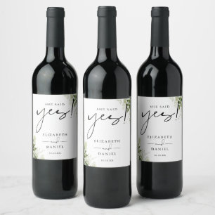 Étiquette Pour Bouteilles De Vin Elle a dit oui verdure Fleurs de Mariage Fiançaill