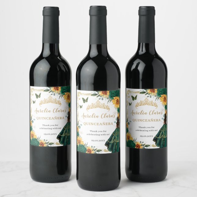 Étiquette Pour Bouteilles De Vin Emerald Floral Sunflowers Princess Quinceañera (Bouteilles)