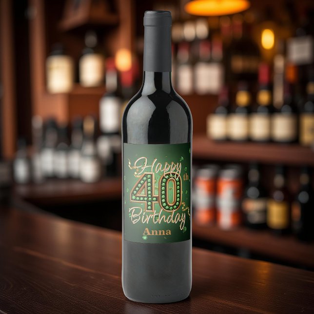Étiquette Pour Bouteilles De Vin Emerald Green et Gold Gemstone 40e anniversaire (Créateur téléchargé)