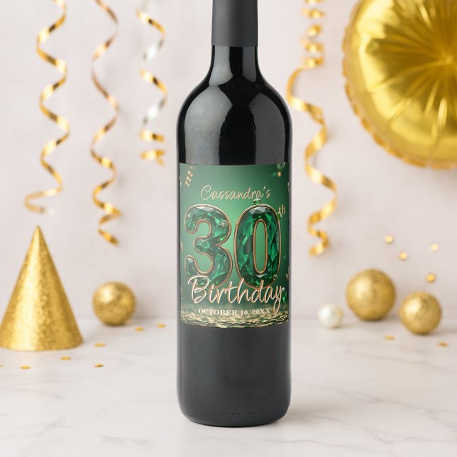 Étiquette Pour Bouteilles De Vin Emerald Green Gemstones & Gold 30th Birthday (Créateur téléchargé)