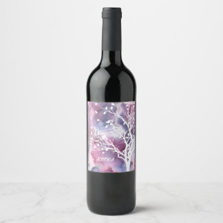 Étiquette Pour Bouteilles De Vin Encre rose et violette et silhouette d'arbre blanc