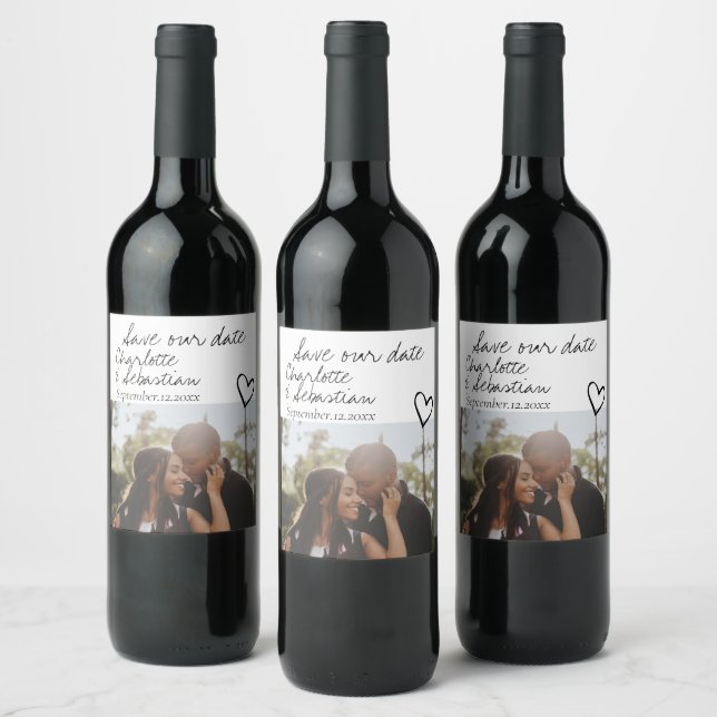 Étiquette Pour Bouteilles De Vin Enregistrer notre date manuscrite photo personnali (Bouteilles)