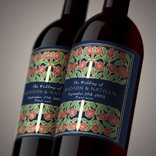 Étiquette Pour Bouteilles De Vin Épée de mariage florale médiévale royale bleu or