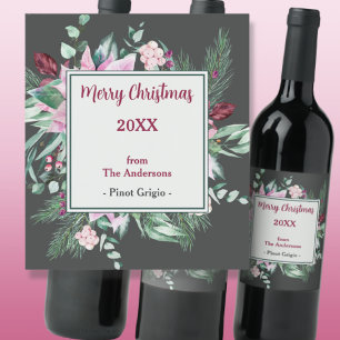 Étiquette Pour Bouteilles De Vin Étiquette de Noël rose floral et charbon de bois