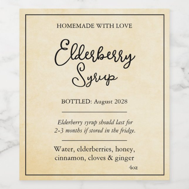 Étiquette Pour Bouteilles De Vin Étiquette de sirop de sureau personnalisable ZEB_0 (Étiquettes simples)