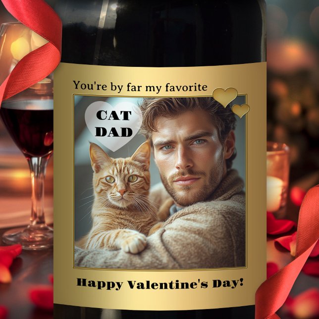 Étiquette Pour Bouteilles De Vin Étiquette de vin avec photo drôle de papa chat (Valentine's Day cat dad wine label featuring your own photo framed by a gold design)