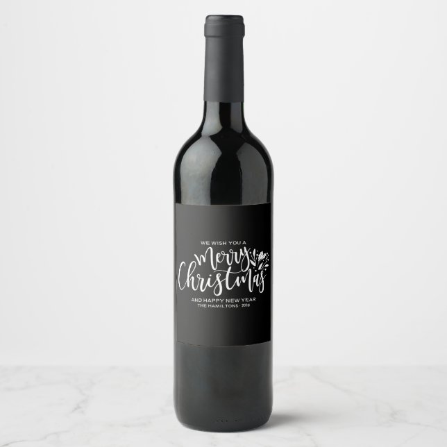 Étiquette Pour Bouteilles De Vin Étiquette de vin Chic Script Noir Joyeux Noël (Devant)