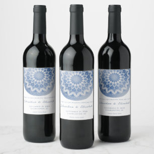 Étiquette Pour Bouteilles De Vin Étiquette de vin de mariage Mandala Broderie Bleue