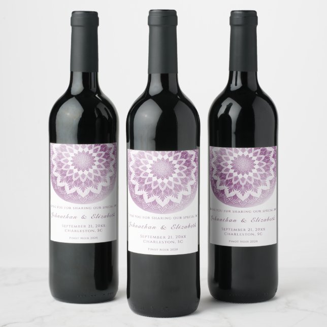 Étiquette Pour Bouteilles De Vin Étiquette de vin de mariage mandala en dentelle ro (Bouteilles)