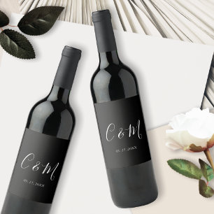 Étiquette Pour Bouteilles De Vin Étiquette de vin élégante monogramme noir et blanc