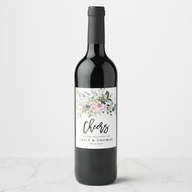 Étiquette Pour Bouteilles De Vin Étiquette de vin Mariage rose verdoyant (Devant)