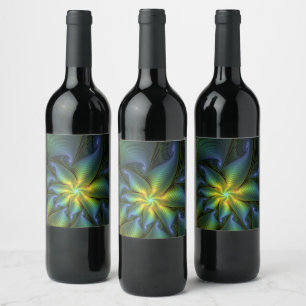 Étiquette Pour Bouteilles De Vin Etoile Abstraite, Bleu brillant Vert Or Fractal Ar