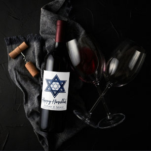 Étiquette Pour Bouteilles De Vin Étoile de David Classic Blue Modern Happy Hanouk