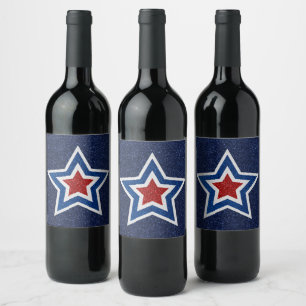 Étiquette Pour Bouteilles De Vin Étoile rouge, blanche et bleue scintillante du 4 j