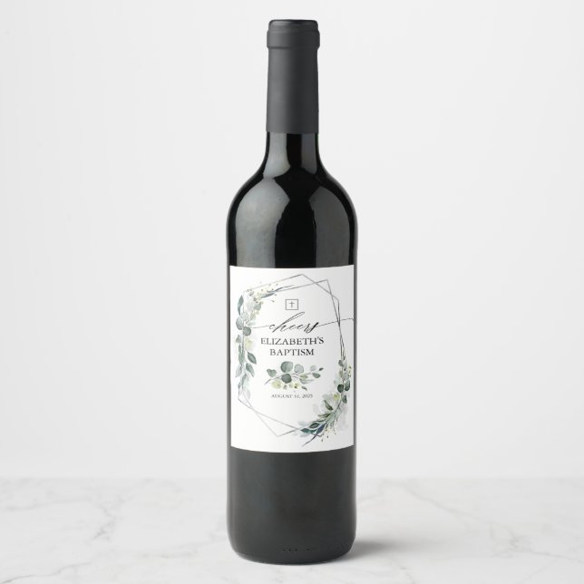 Étiquette Pour Bouteilles De Vin Eucalyptus Feuille verdure Baptême d'argent (Devant)
