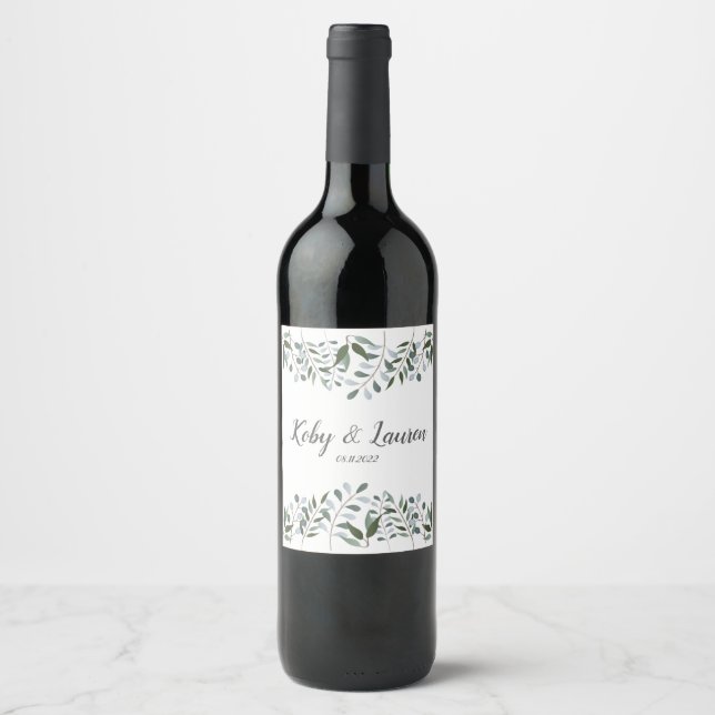 Étiquette Pour Bouteilles De Vin Eucalyptus Green Anniversaire Floral Date (Devant)