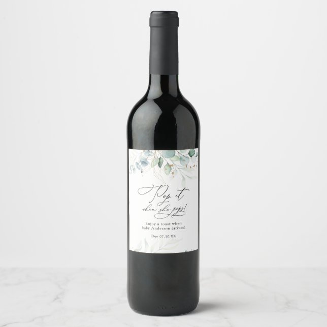Étiquette Pour Bouteilles De Vin Eucalyptus Pop quand elle pop Baby shower (Devant)