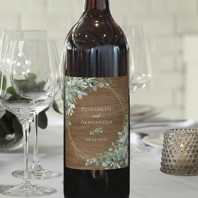 Étiquette Pour Bouteilles De Vin Eucalyptus Verdure or Rustique Mariage en bois (Créateur téléchargé)