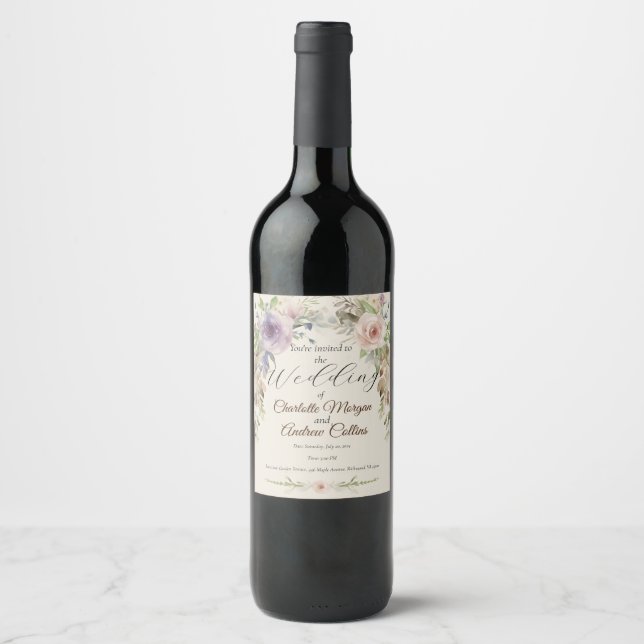 Étiquette Pour Bouteilles De Vin Faire-part de mariage floral peint (Devant)