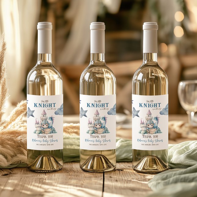 Étiquette Pour Bouteilles De Vin Fairytale Dreamy Dragon Blue Knight Baby shower (Créateur téléchargé)