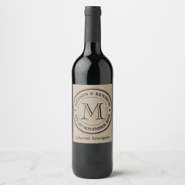 Étiquette Pour Bouteilles De Vin Faites votre propre Burlap Retro Logo Monogramme (Devant)