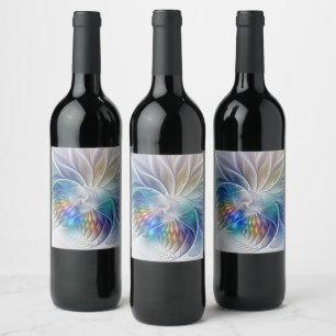 Étiquette Pour Bouteilles De Vin Fantaisie florale, fleur fractale abstraite coloré