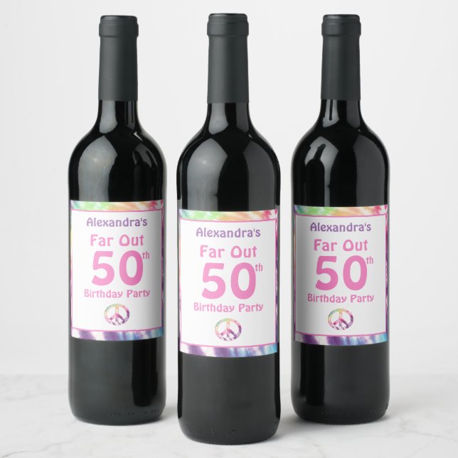 Étiquette Pour Bouteilles De Vin Far Out 50th Super Tie Dye Anniversaire Nom fête (Bouteilles)