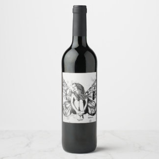 Étiquette Pour Bouteilles De Vin fée d'imaginaire noir et blanc, artiste canadien