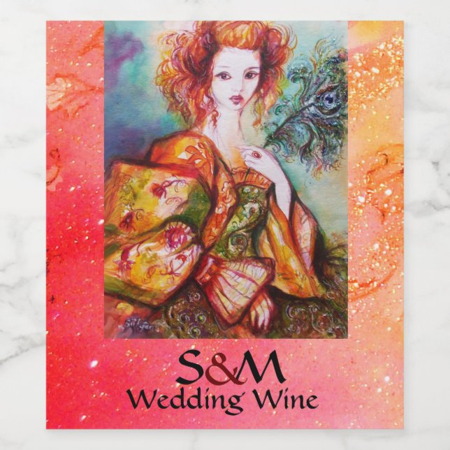Étiquette Pour Bouteilles De Vin FEMME ROMANTIQUE AVEC PEACOCK FEATHER Mariage rose (Étiquettes simples)