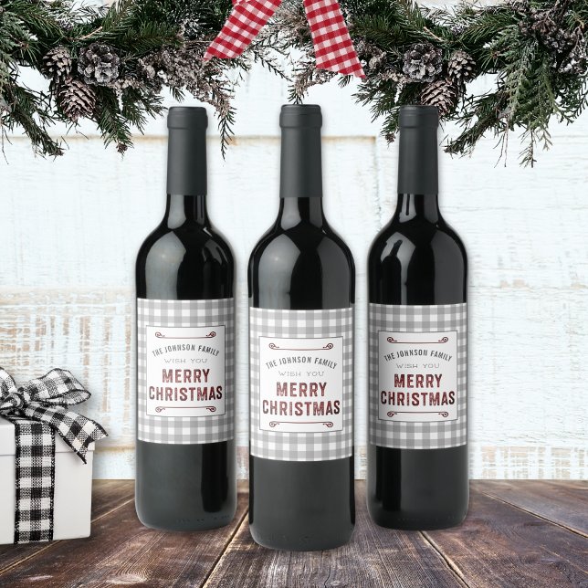 Étiquette Pour Bouteilles De Vin Ferme grise vichy joyeux Noël (Créateur téléchargé)