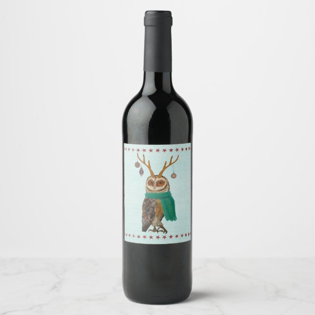 ÉTIQUETTE POUR BOUTEILLES DE VIN FESTIVE ANTLER OWL (Devant)