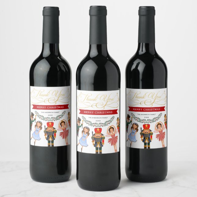 Étiquette Pour Bouteilles De Vin Festive Red Green Gold Nutcracker Fête de vacances (Bouteilles)