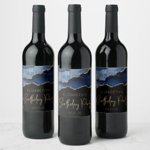 Étiquette Pour Bouteilles De Vin Fête d'anniversaire chic Agate Bleu Or Toutes Anné